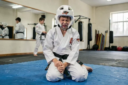 Jeune adolescent en tenue de karaté tenant son genou blessé sur un tatami dans une salle de sport