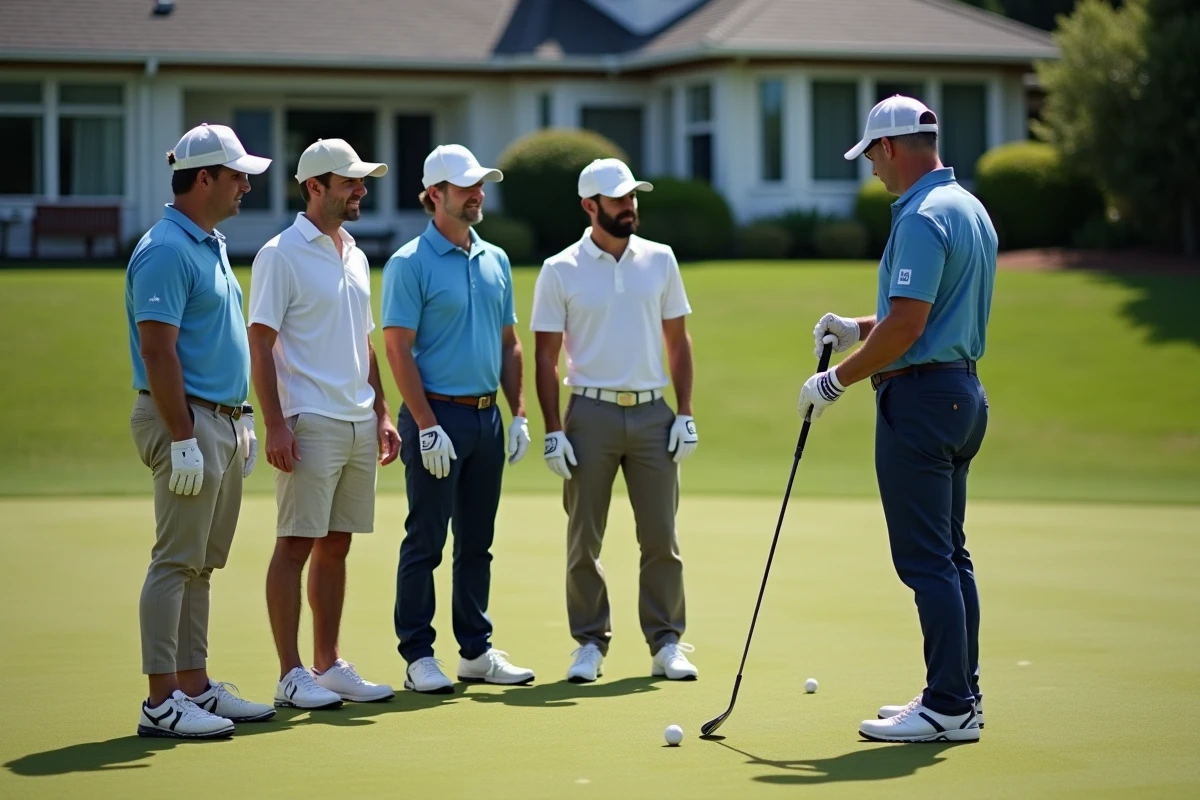 Groupe d'adultes débutants en stage de golf observant une démonstration de putting sur un green