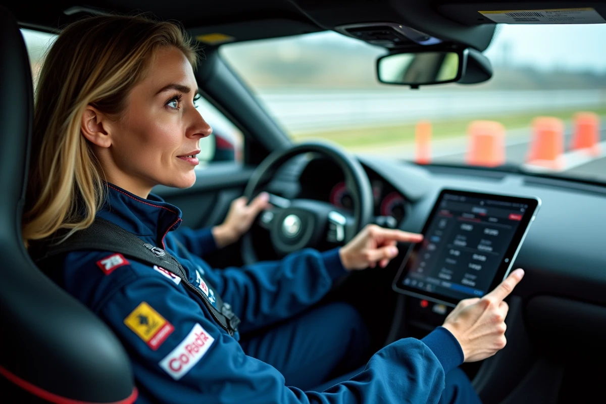 Femme pilote en stage de conduite sur circuit recevant des explications sur les suppléments tarifaires