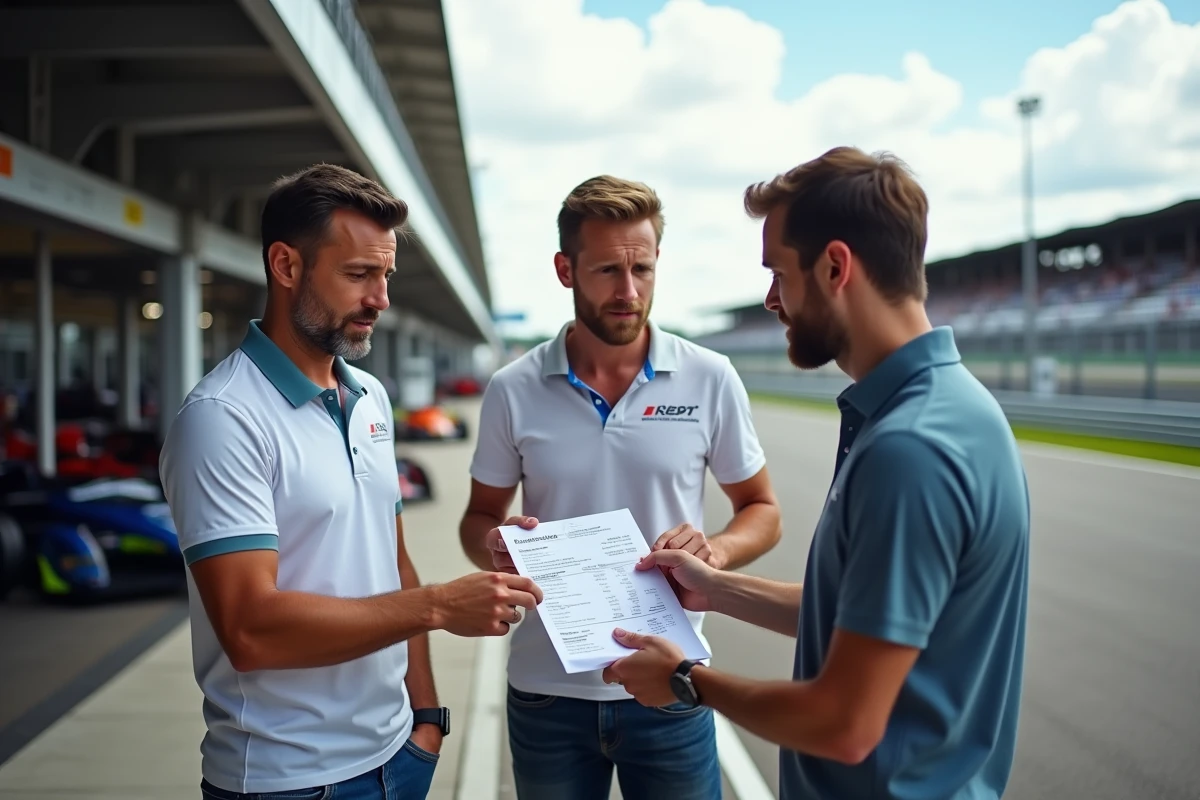 Groupe de stagiaires découvrant les frais cachés sur la facture d'un stage de pilotage sur circuit