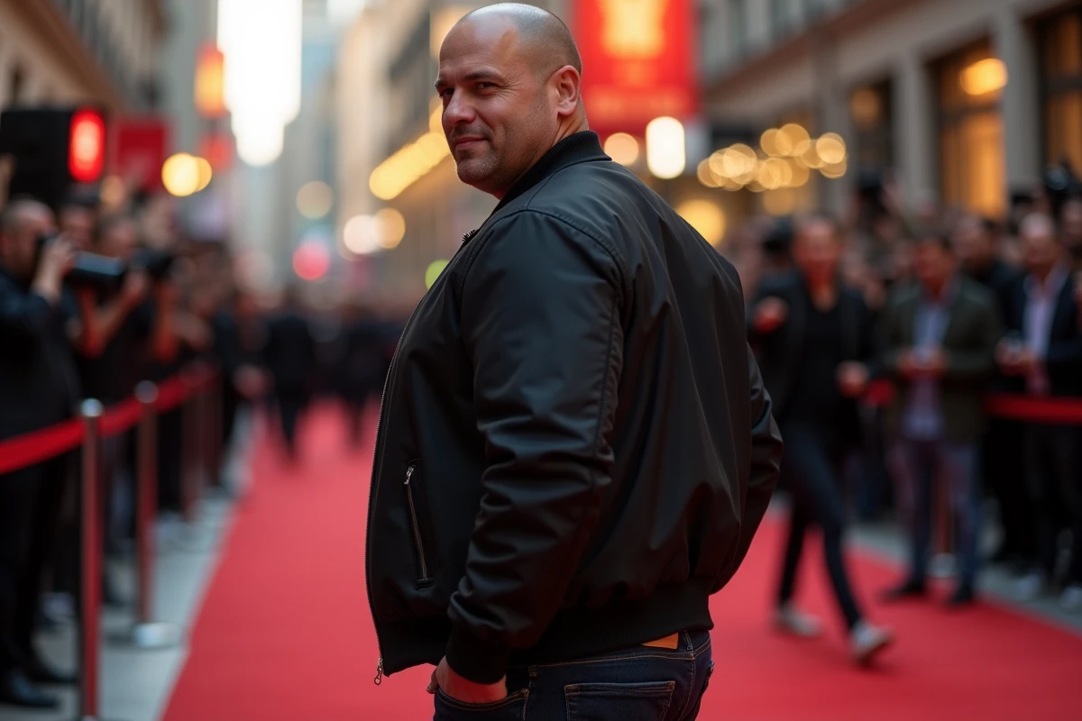 Star du catch en avant-première de film sur tapis rouge entouré de photographes