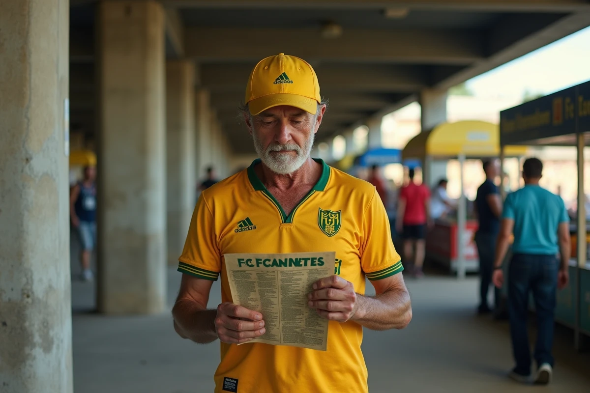 Supporter nantais d'âge mûr consultant un programme de match devant le stade de la Beaujoire avant le coup d'envoi