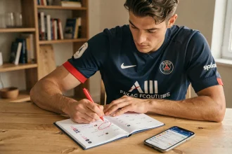 Supporter du PSG consultant son agenda 2026 imprimable pour planifier les soirées foot