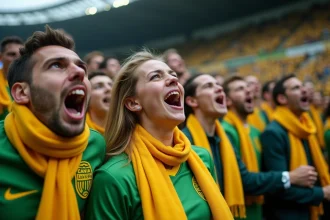Supporters du FC Nantes en tribune portant écharpes et maillots jaune et vert, chantant avec passion lors d'un match au stade