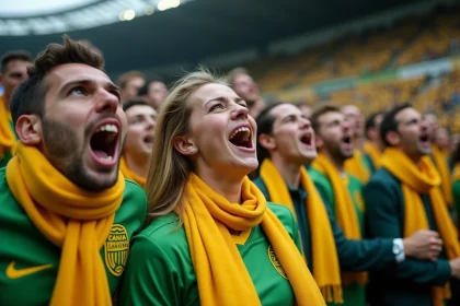 Supporters du FC Nantes en tribune portant écharpes et maillots jaune et vert, chantant avec passion lors d'un match au stade