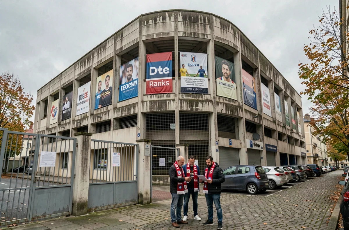 Supporters de Ligue 1 devant un stade français aux portes fermées, symbole de la crise des droits télévisés du football