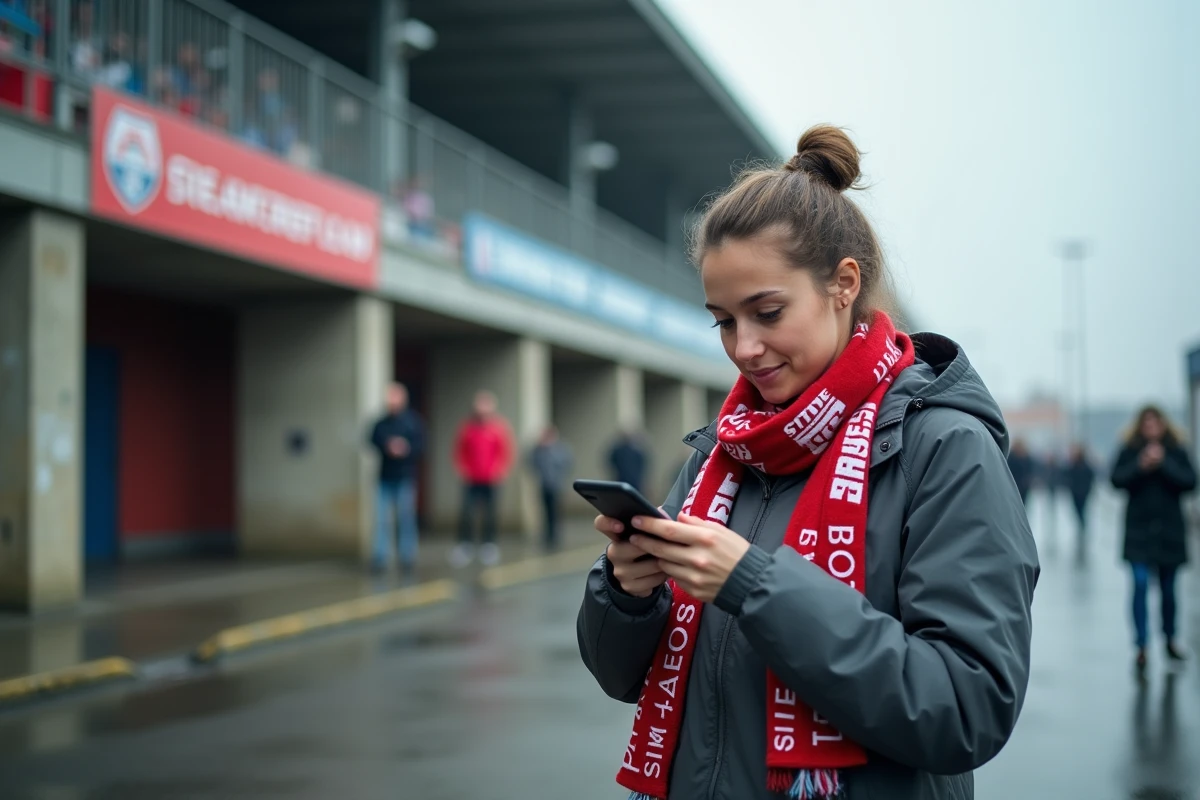 Supportrice du Stade Brestois 29 consultant le forum officiel sur son smartphone devant le stade Francis-Le Blé