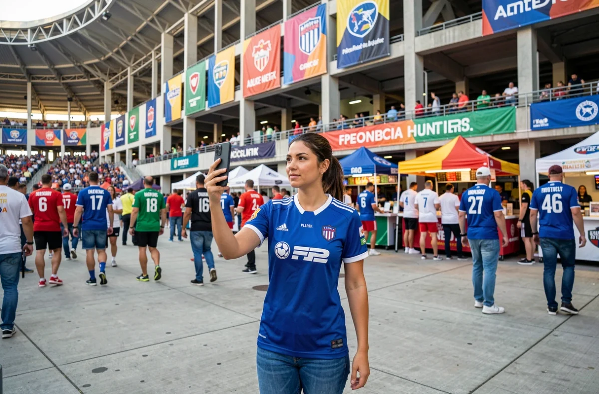 Supportrice consultant l'application Sportrip pour suivre les résultats sportifs en direct devant un stade de football
