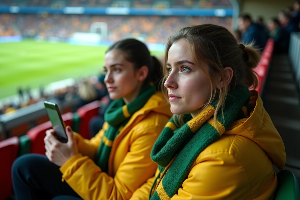 Deux supportrices du FC Nantes assises en tribune lors d'un match, l'une filmant l'ambiance avec son smartphone, l'autre regardant le terrain