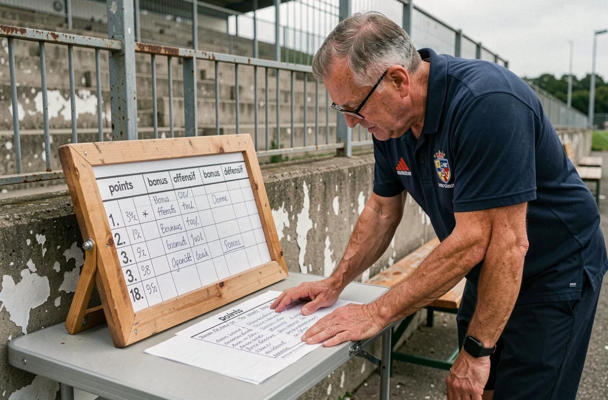 Official de club rugby vérifiant les points et bonus sur une feuille de match en Fédérale 2 Poule 3