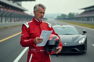 Pilote en combinaison rouge consultant les tarifs d'un stage de pilotage sur circuit automobile