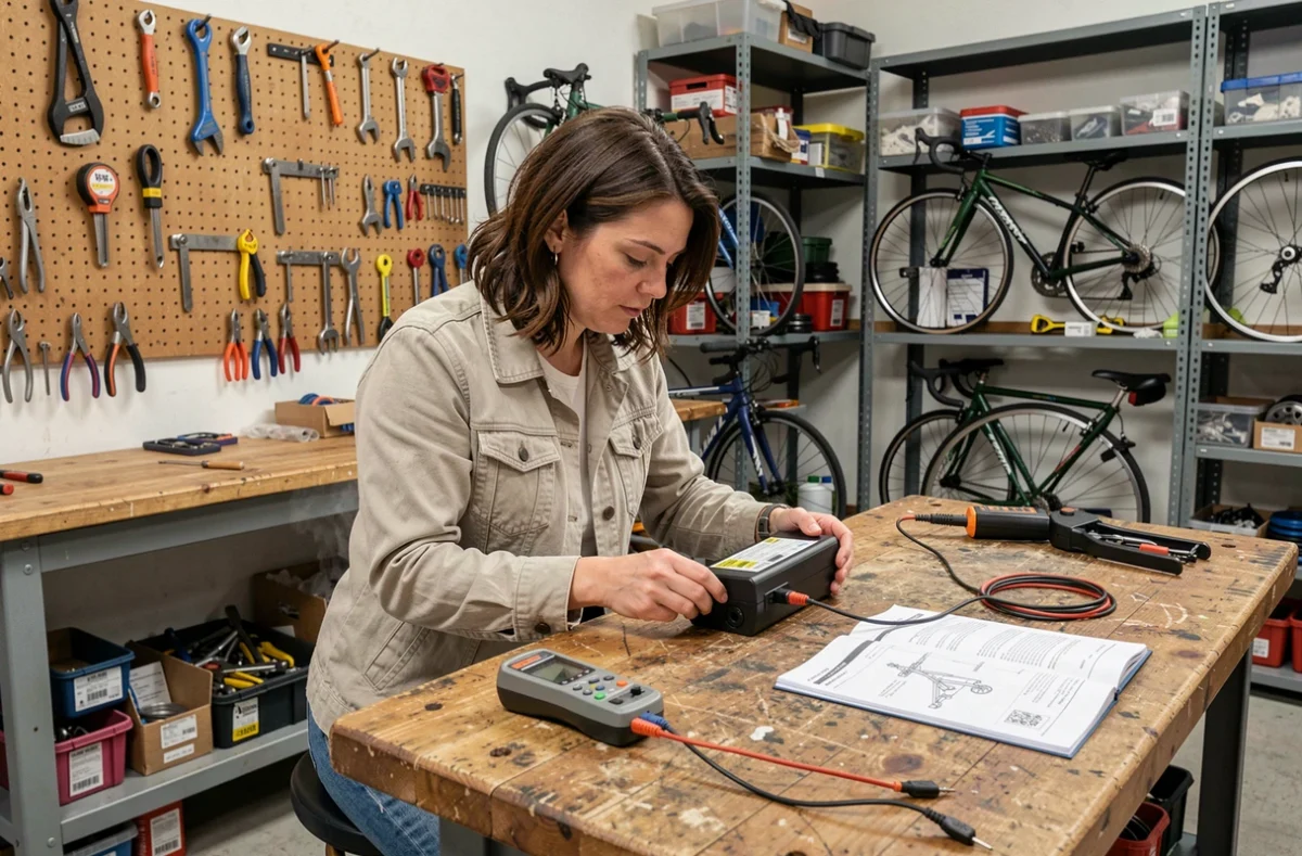 Femme technicienne analysant une batterie de vélo électrique dans un atelier de réparation