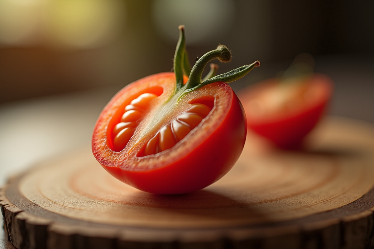 Tomate cerise coupée en deux sur planche en bois