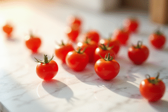 Tomates cerises fraîches sur marbre blanc en plongée