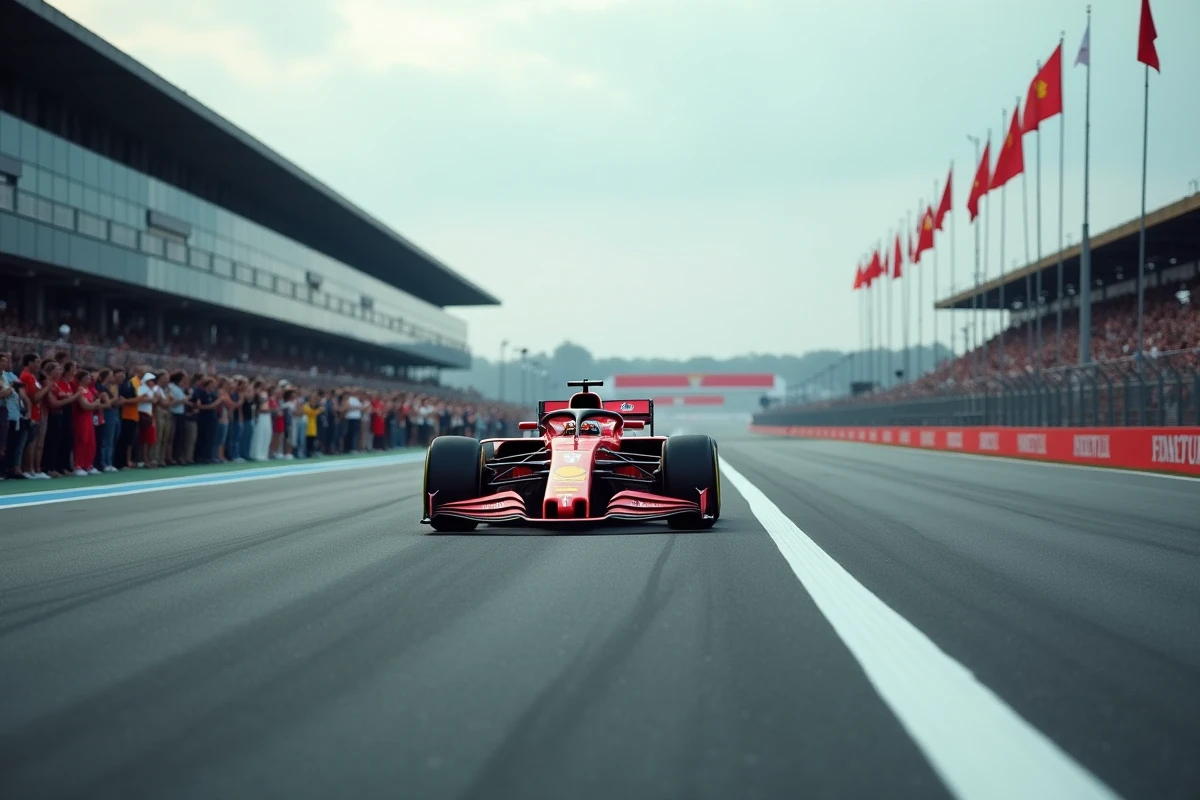 Monoplace de Formule 1 effectuant un tour d'honneur seule sous les regards silencieux des spectateurs en deuil