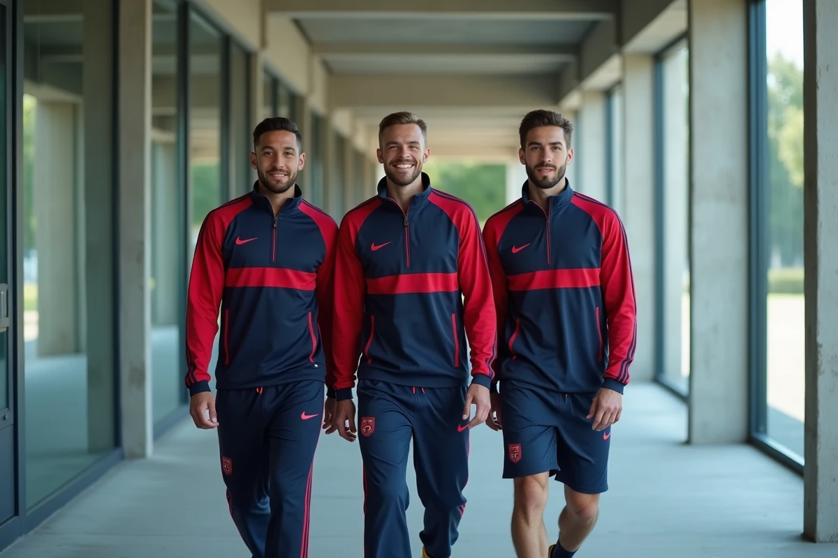 Trio de footballeurs professionnels du PSG en tenue officielle longeant les couloirs du centre d'entraînement, évoquant les stars aux plus hauts salaires du club en 2026