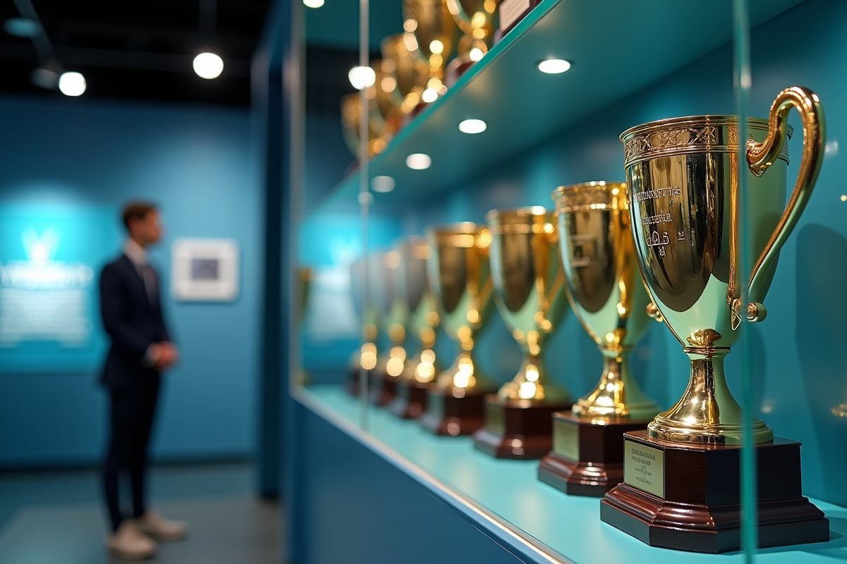 Vitrine avec trophées de tennis dans un musée moderne