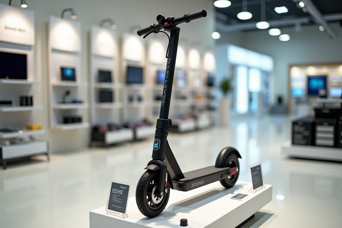 Trottinette électrique Urban Glide 140 exposée en magasin avec étiquette de prix dans un rayon high-tech