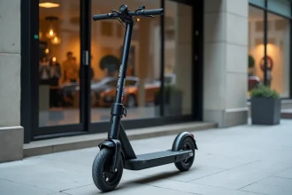 Trottinette électrique Urban Glide 140 garée sur un trottoir urbain devant une boutique moderne