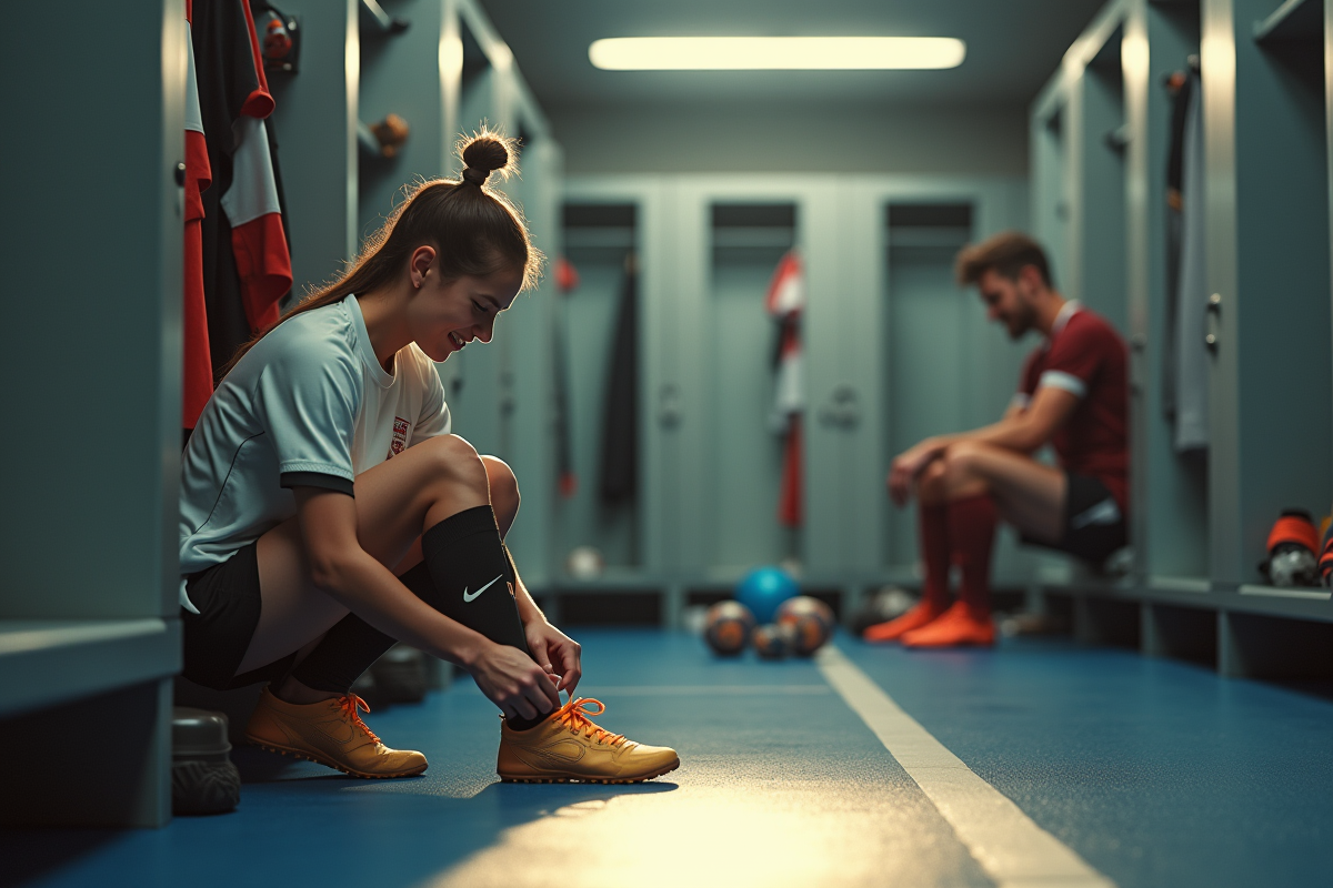 Joueuse de football préparant ses chaussures dans vestiaire