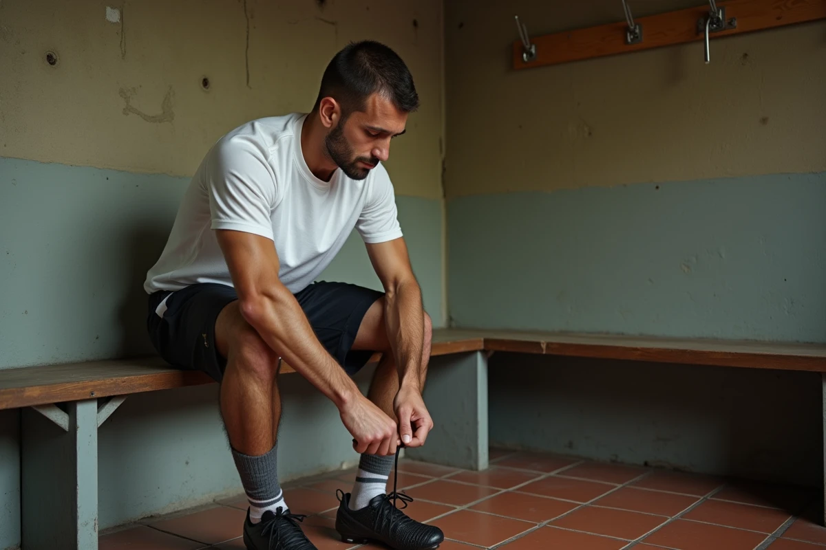 Joueur adulte lacant ses crampons dans un vestiaire de club de football amateur en Haute-Saône