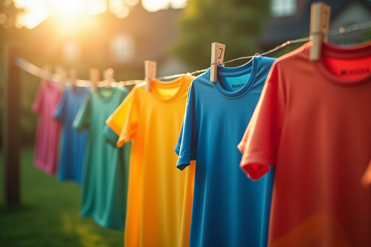 Vêtements de sport colorés séchant en extérieur dans un jardin ensoleille