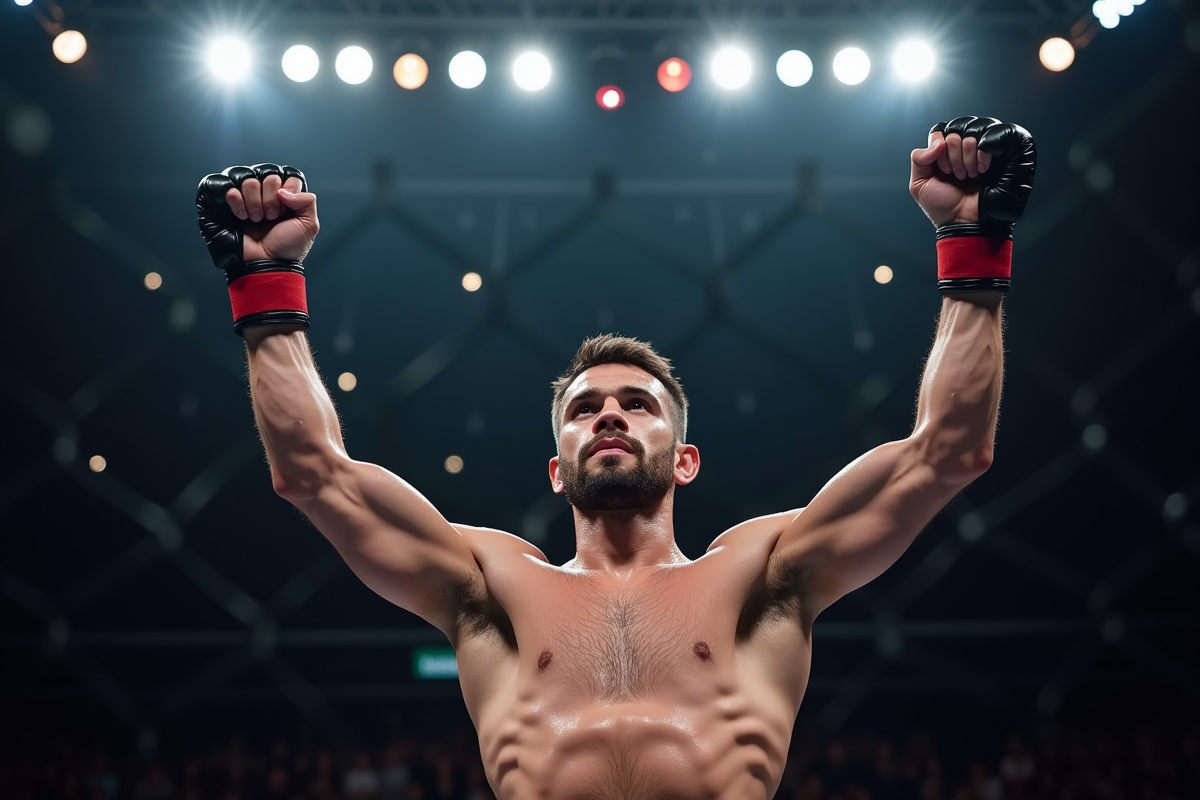 Fighter MMA victorieux levant les bras dans l