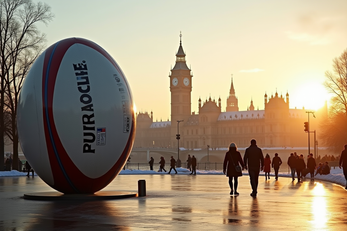 Paysage urbain européen au matin avec sculpture de rugby en premier plan