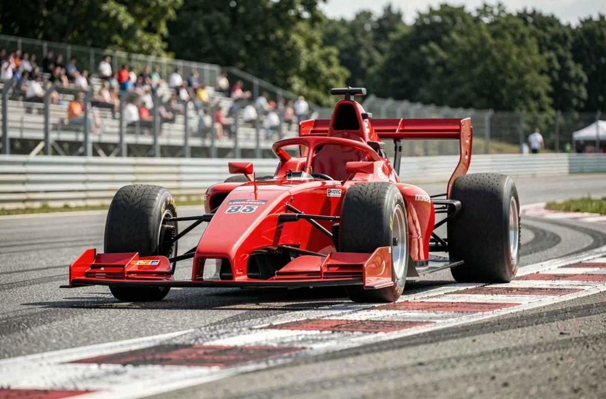 Voiture de course rouge en plein virage sur un circuit régional lors d'un événement automobile du week-end